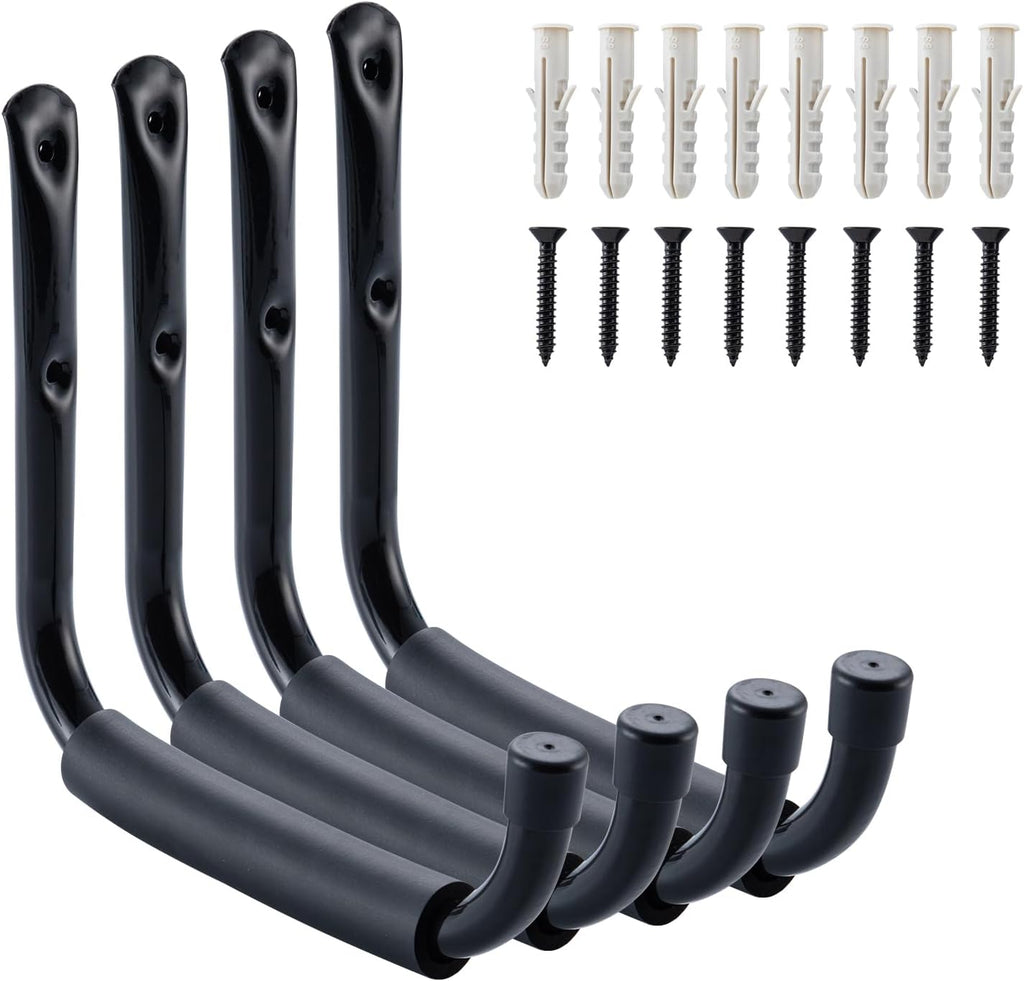 HOME MASTER HARDWARE Heavy Duty 9" Jumbo Arm Garage Wall Hooks 4 Pack – 50Lbs Ladder Hangers, Wall Mount Utility Storage for Bikes, Folding Chairs, Kayaks & Bulk Items