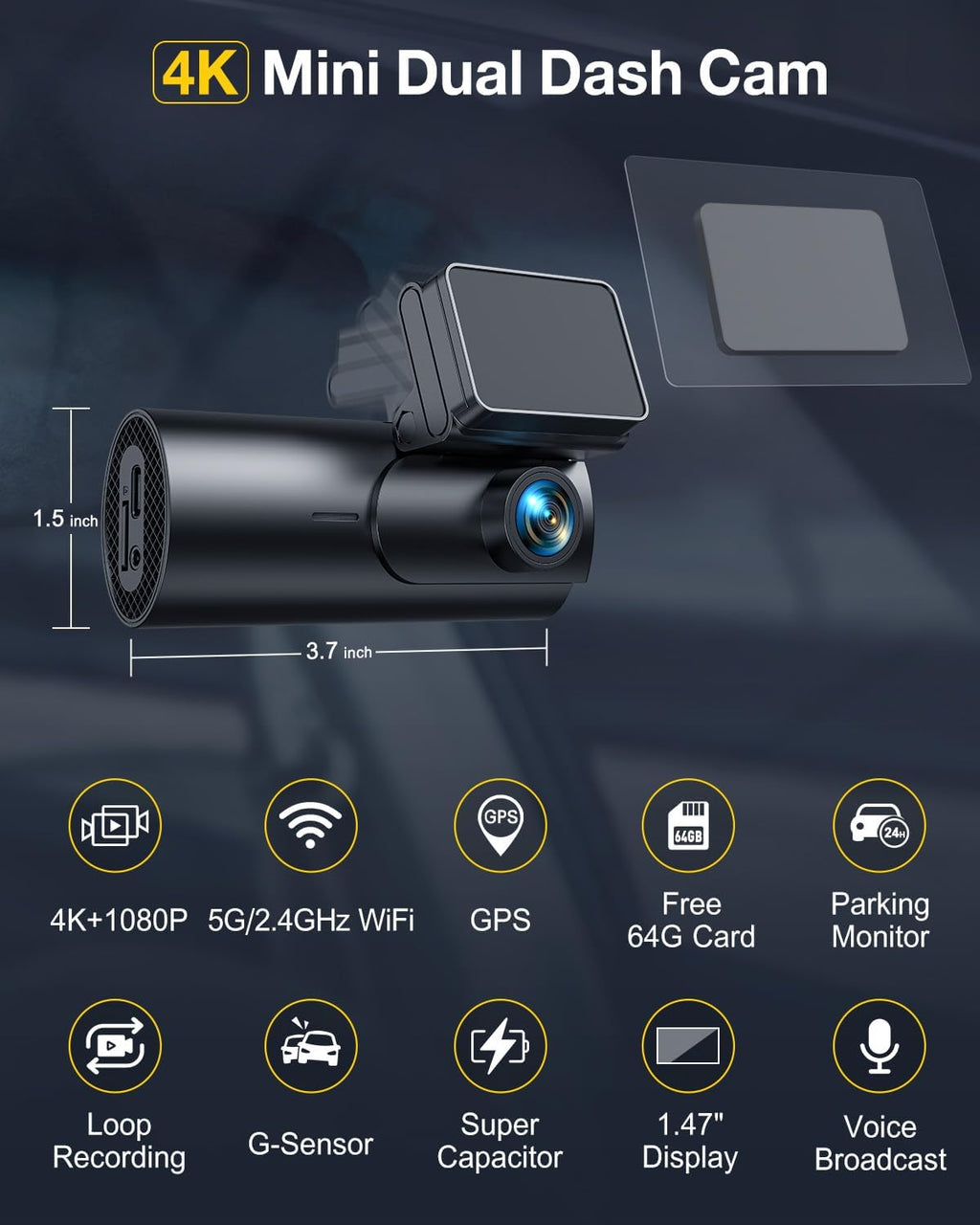 GKU Dash Cam Front and Rear Camera,4K+1080P, 5.8GHz WiFi & GPS Dash Camera for Cars,with 64G SDcard,1.47" Display Dashcam, 24HParking Mode,App Control,Super Night Vision,WDR,Support Max 256GB