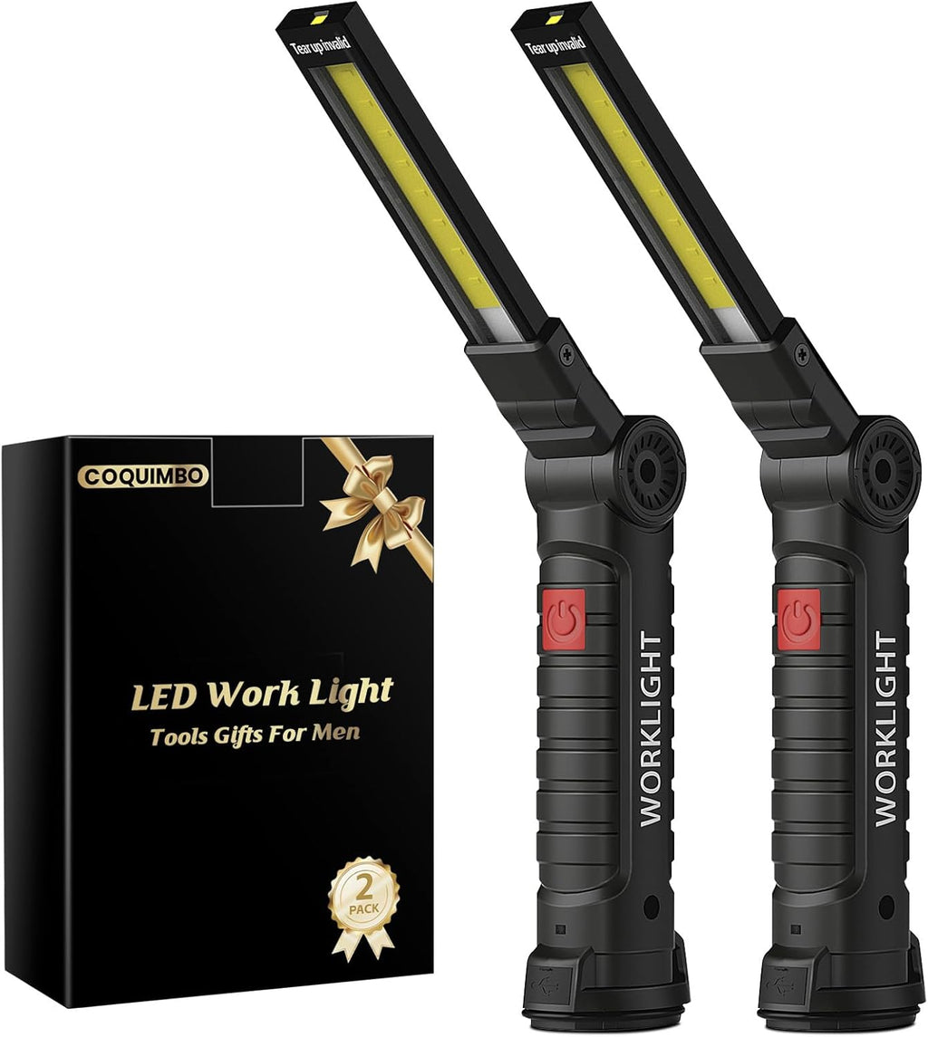 Coquimbo Tool Gifts for Men Dad Him Husband, Rechargeable LED Work Light BBQ Grill Light Accessories with Magnetic Base, 360° Rotate Mechanic Flashlight Stocking Stuffers for Men Adults (2 Pack Black)