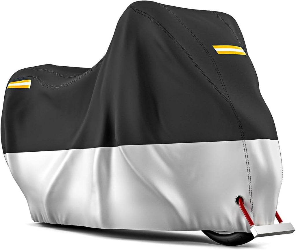 Motorcycle Cover All Season Waterproof Breathable Sun Outdoor Protection Three Reflective Tape with Lock-Holes & Storage Bag Bike Scooter Cover Universal (Silver and Black, 104''*41''*50'')