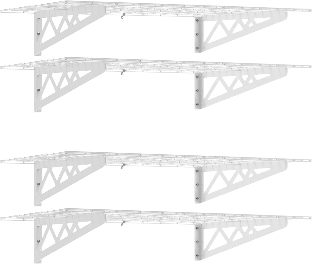SafeRacks Wall Shelves - 4 Pk 24"x48" Wall Mountable Shelving Unit for Storage Rack, Pantry Shelves, Utility Shelving, Heavy Duty Shelves w/ 8 Versatile Accessory Hooks, 500lbs Capacity, White