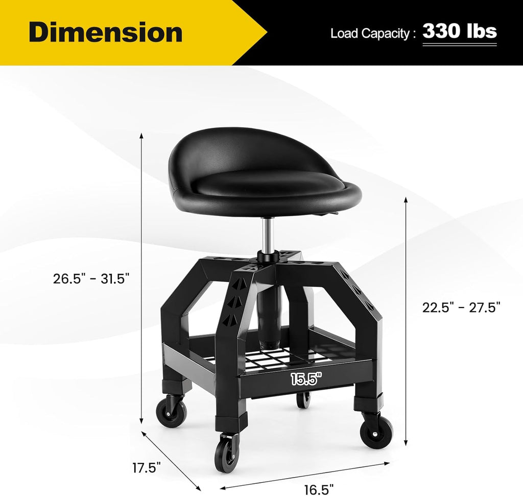 Goplus Rolling Garage Stool, 22.5”-27.5” Adjustable Mechanic Chair with Padded Seat, 330LBS Capacity, Tool Tray, Heavy Duty Creeper Seat, 360° Swivel Shop Stool for Workshop