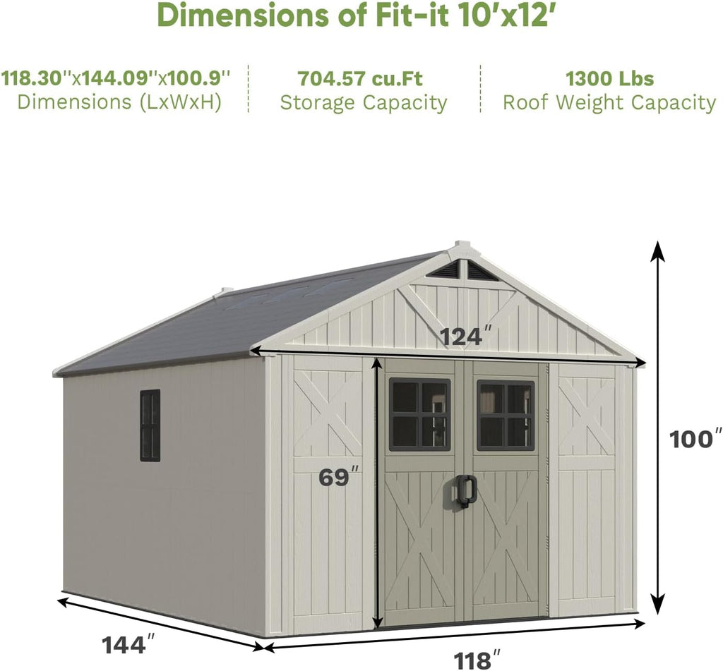 Patiowell 10x12 FT Outdoor Storage Shed with Floor and Lockable Door, All Weather Plastic Shed Garden Shed with Skylight and Multiple Windows for Backyard, Patio, Lawn, Beige