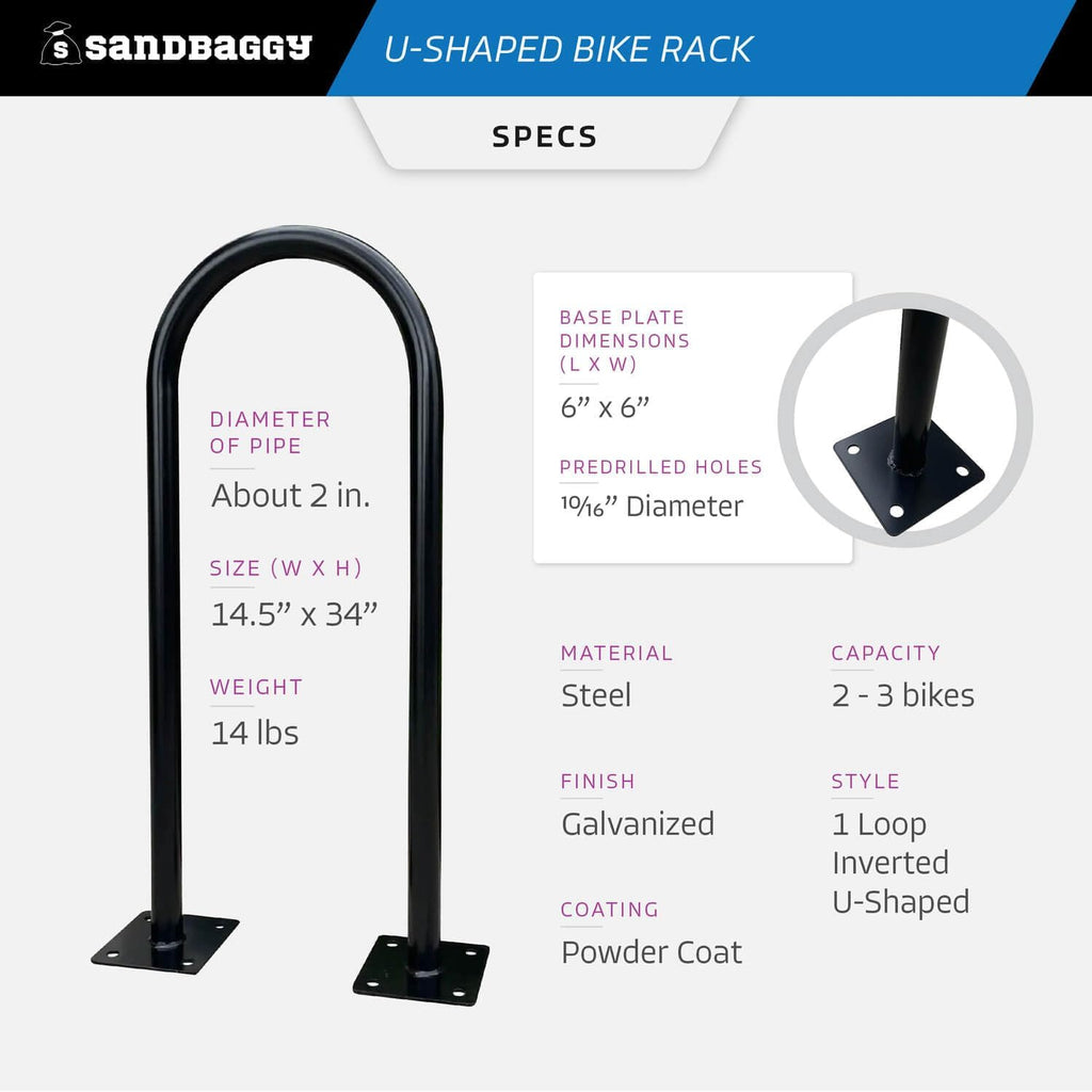 Sandbaggy In Ground Bike Rack | U Shaped, Commercial, Outdoor, 1 Loop, Galvanized Steel | Black, 14.5" x 34" (5)