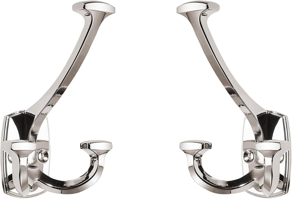 Large Wall Double-Sided Hook 5 Pack Polished Nickel Hook Decorative Heavy Duty Solid Large Coat Hooks for Towel Hanging Coats Robe Towel Bags Door Back 2 Prong Hooks