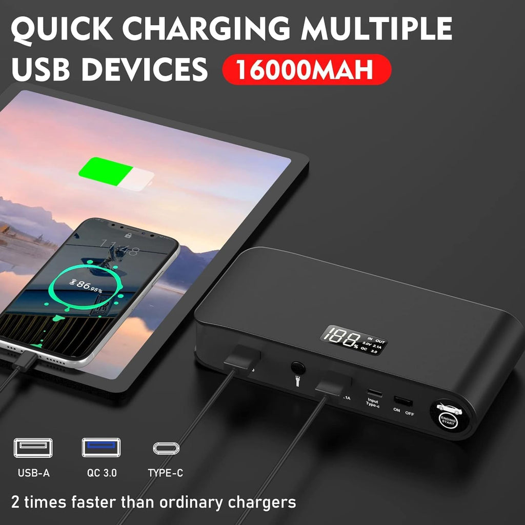 BOOKOO Car Battery Jump Starter, 3000 Amps Jumper Starter for Car 7.2 L Gas | 5.5 L Diesel Engine, Power Bank Battery Backup with USB QC 3.0 | PD 18W Fast Charging,3 Flashlight Modes for Emergency Use