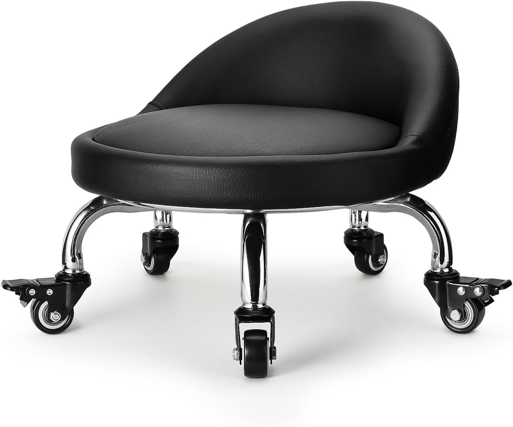 Rolling Stool with Backrest Low Height Rolling Stool with PU Leather, Roller Stool Chair, Roller Seats for Home, Office, Garage, Shop, Library