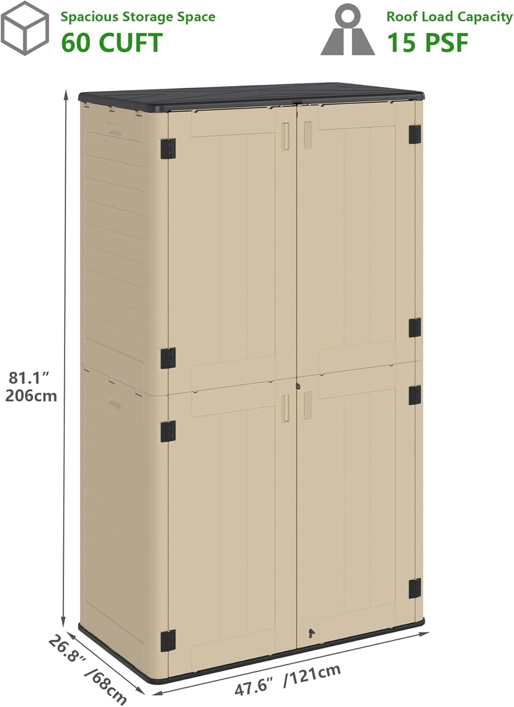 60 Cu.Ft Vertical Outdoor Storage Shed, Weatherproof Outdoor Tall Cabinet, Lockable Resin Shed with Double-Wall Panels and Floor for Garden, Garage, Patio(Shelves Not Included)