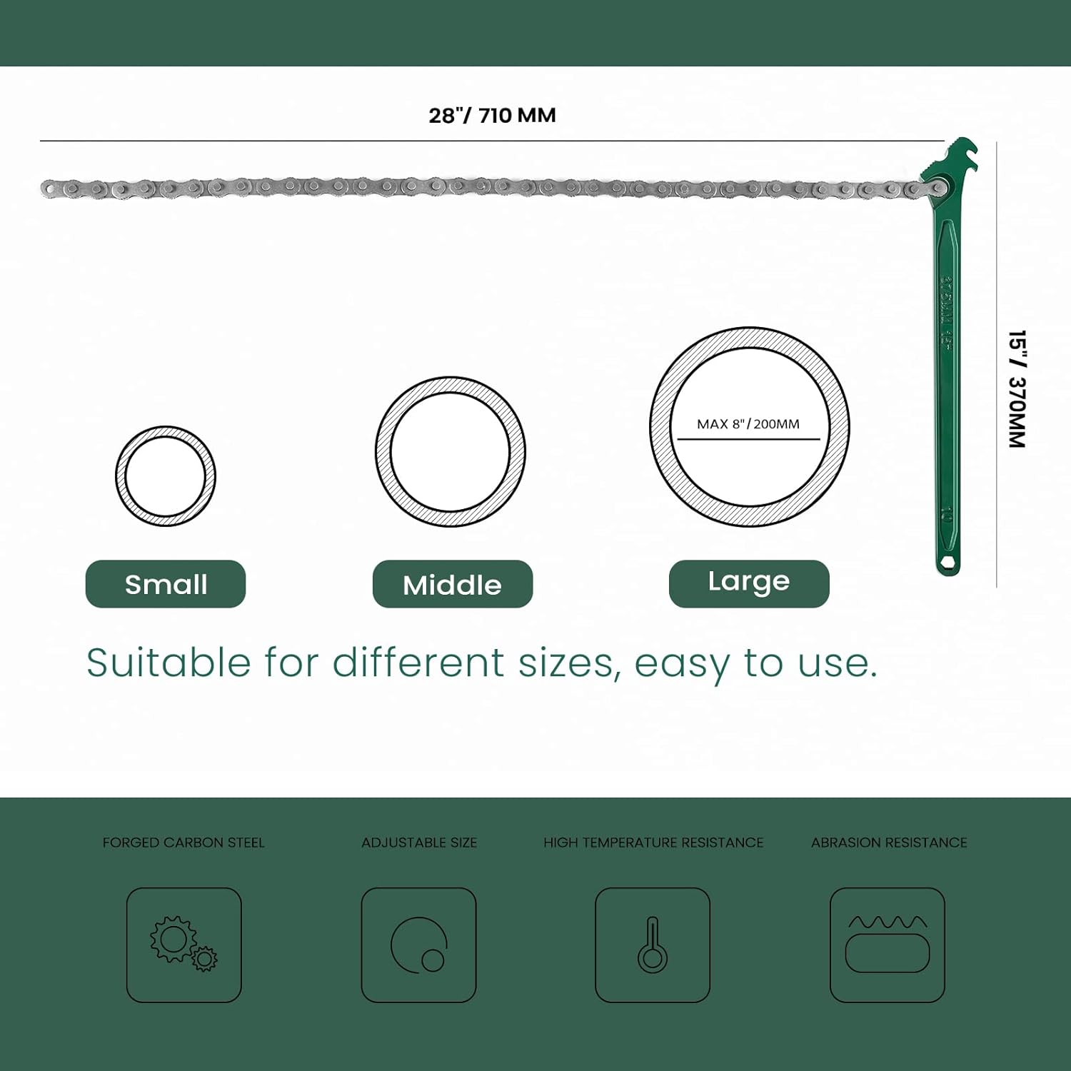 15 Inch Heavy Duty Chain Wrench for Semi Truck, Adjustable Ratcheting Oil Filter Spanner for Tool Pipe Fittings, Universal Drain, Sewer Cap, Shower Head Valve Removal