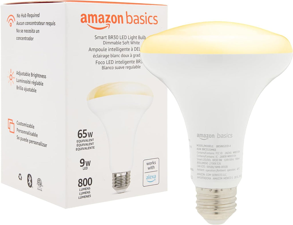 Amazon Basics Smart BR30 LED Light Bulb, Dimmable Soft White (2700K), 9W (60W Equivalent), 800LM, Works with Alexa Only, 2.4 GHz Wi-Fi, No Hub Required, 1 Pack