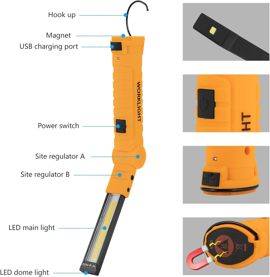 4 Pack Rechargeable LED Work Lights with Magnetic Base and 360° Rotation, 5 Modes for BBQ, Camping, Reading, and Car Repair