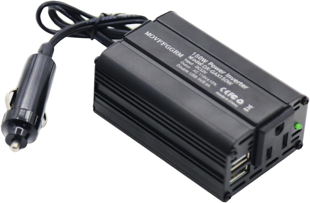 150W Power Inverter 12V DC to 110V AC Car Plug Adapter Outlet Converter with 2.4A Dual USB AC car Charger for Laptop Computer Black
