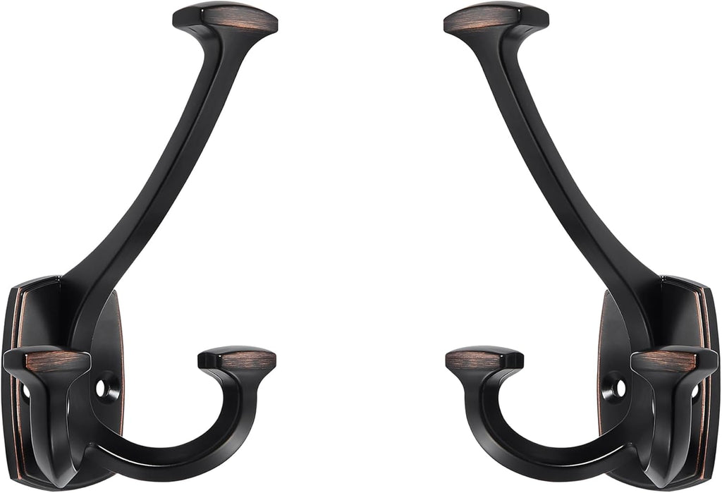 Large Wall Double-Sided Hook 2 Pack Oil Rubbed Bronze Hook Decorative Heavy Duty Solid Large Coat Hooks for Towel Hanging Coats Robe Towel Bags Door Back 2 Prong Hooks