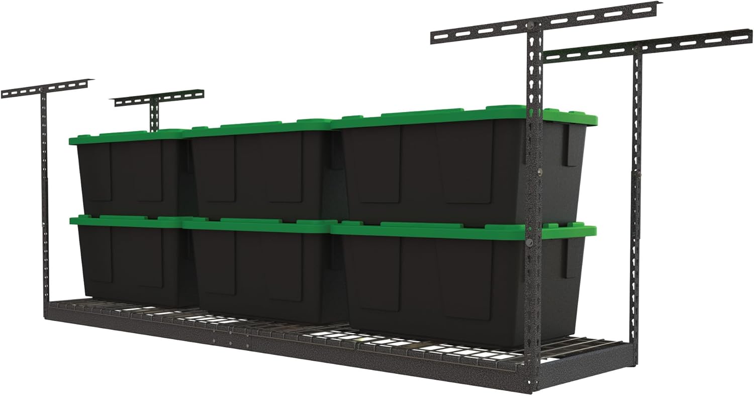 MonsterRax Overhead Garage Storage Rack 2x8, Ceiling Mounted Shelving, Adjustable Hanging Organizer, Heavy Duty Steel, 350 Pound Capacity, Color: Hammertone, Adjusts 24-45" from Ceiling