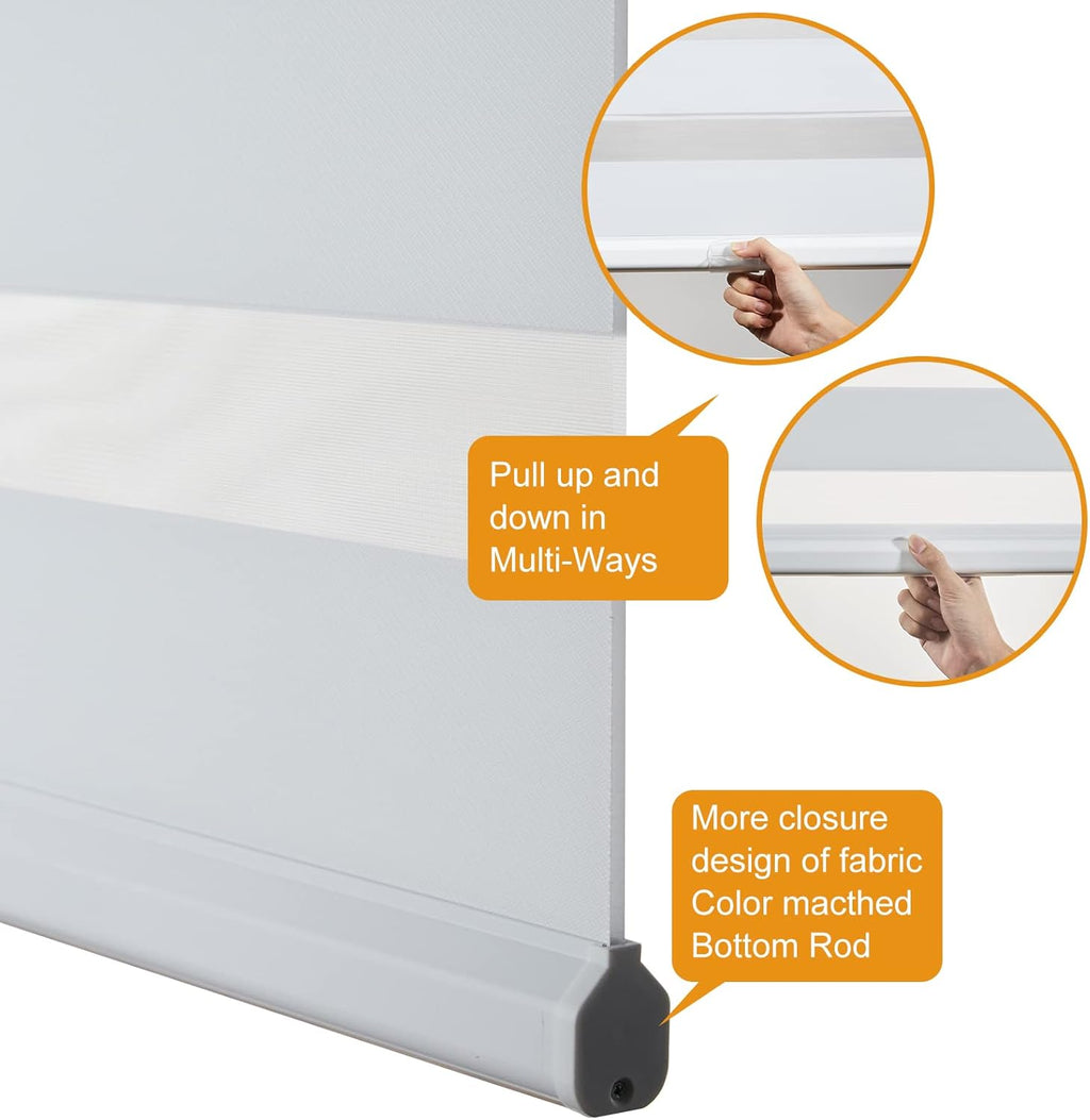 Persilux Cordless Zebra Blinds for Windows Shades (18" W x 47" H, White) Dual Layer Fabric Light Control for Day and Night Room Darkening Sheer Roller Shades for Home, Bedroom and Office