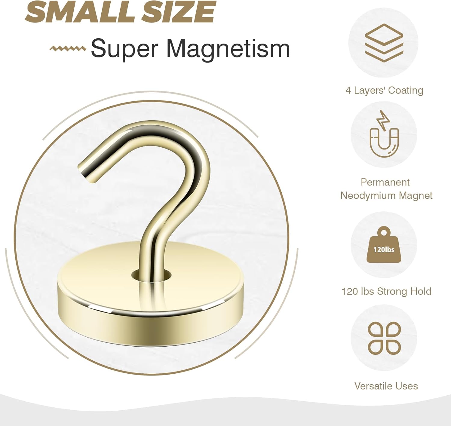 Neosmuk Magnetic Hooks, Cruise Ship Essentials, 120lb+ Heavy Duty Magnetic Hooks for Cruise Cabins, Refrigerator, Grill, Hanging, and Travel | Extra Strong Must-Haves Magnet Hook,Gold,Pack of 10