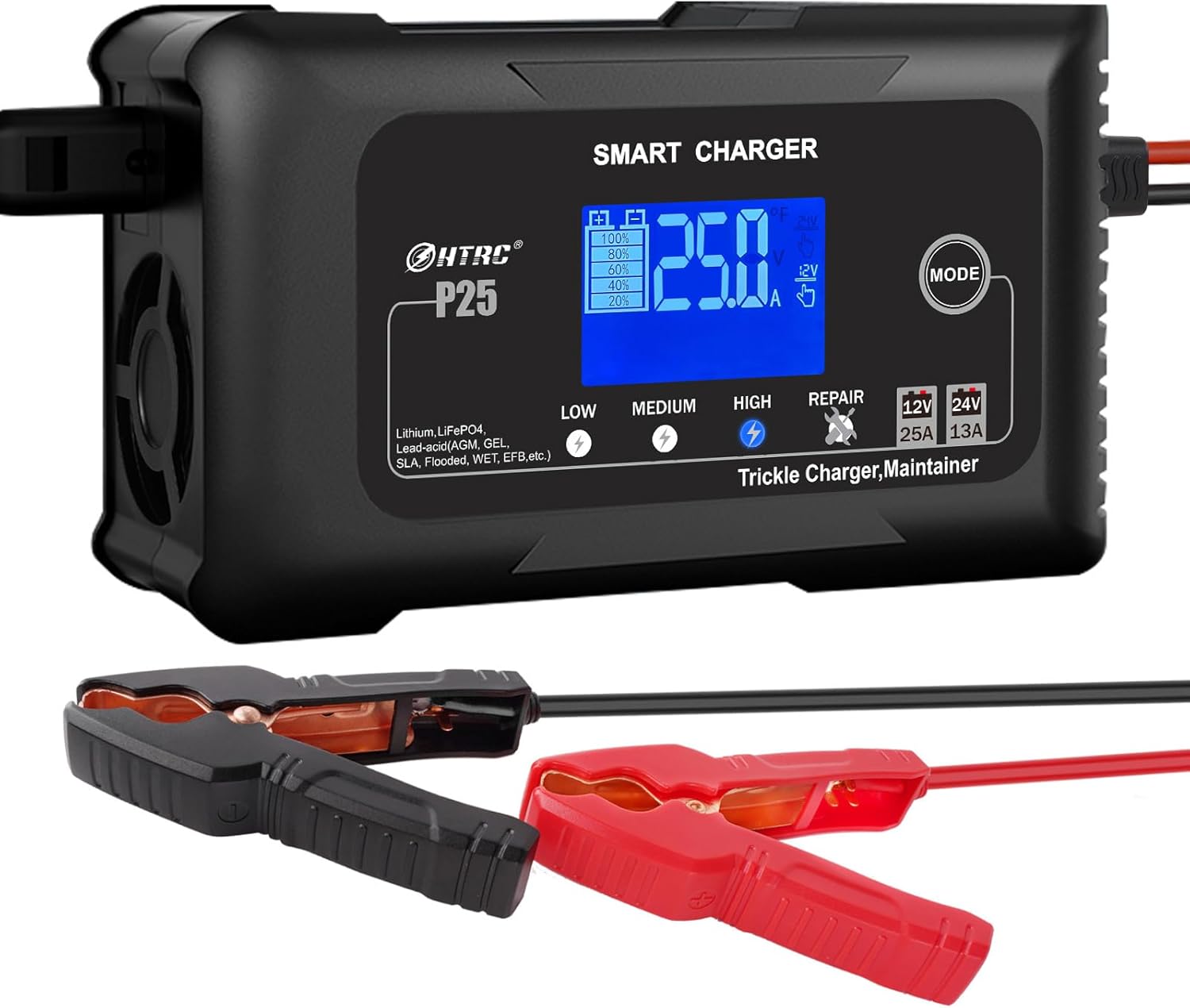 25Amp Lithium Battery Charger, 12V and 24V Lead-Acid (AGM/Gel/SLA) Battery Charger, Battery Maintainer Pulse Repair Charger Trickle Charger Battery Desulfator for Boat, Motorcycle, Golf cart