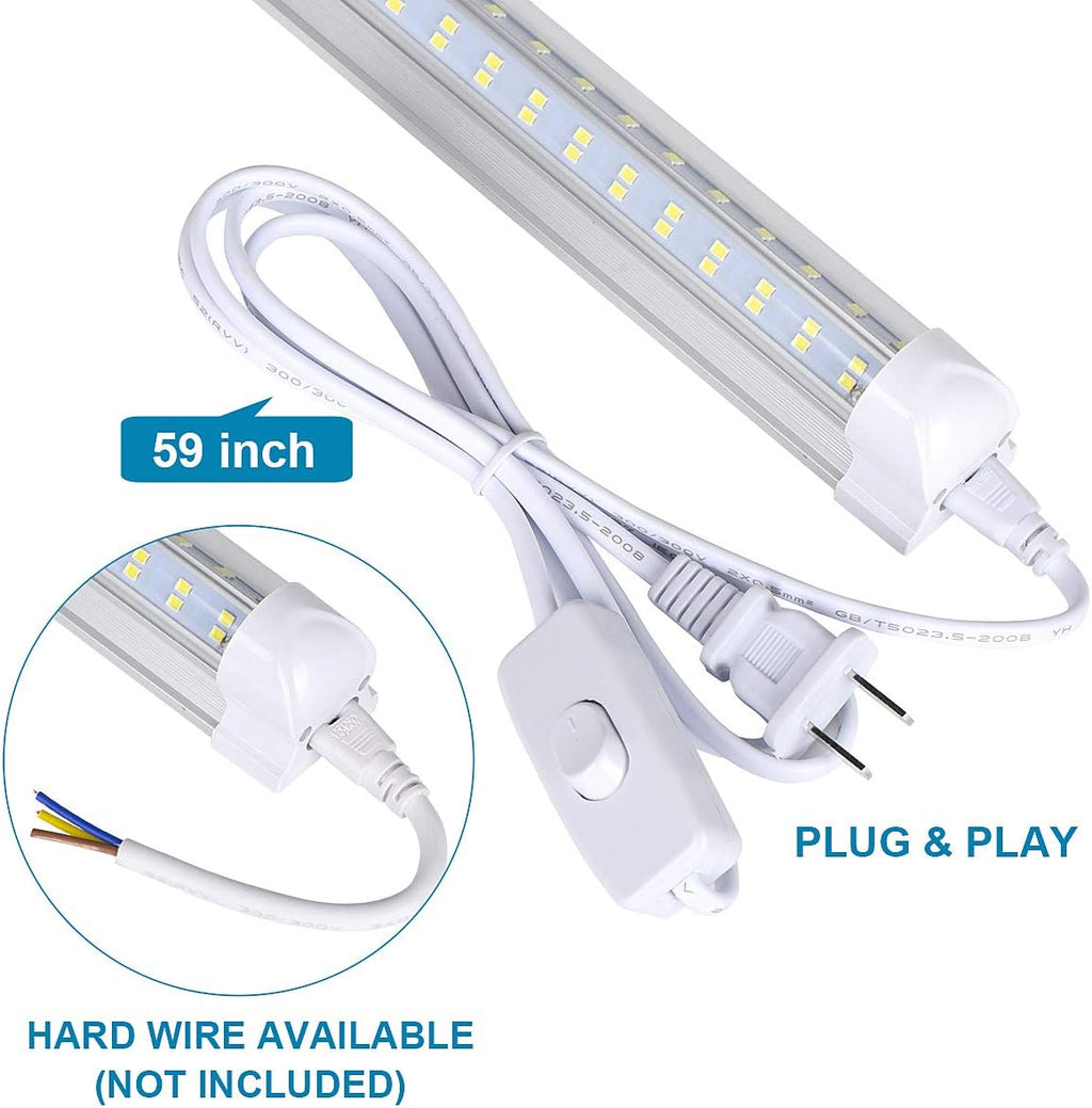 LED Shop Light Fixture, 4FT, 60W 7500LM, 6000K Cold White, 4 Foot T8 Integrated LED Tube Lights, Plug in Warehouse Garage Lighting, V Shape, Linkable with On/Off Switch (4PCS)
