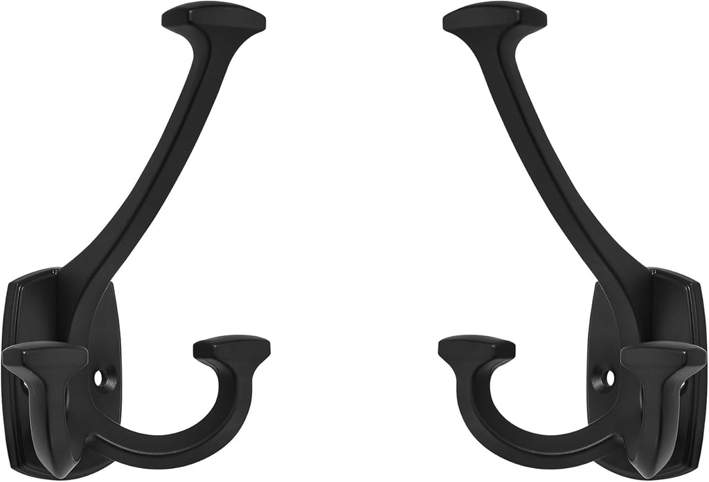 Large Wall Double-Sided Hook 5 Pack Matte Black Hook Decorative Heavy Duty Solid Large Coat Hooks for Towel Hanging Coats Robe Towel Bags Door Back 2 Prong Hooks