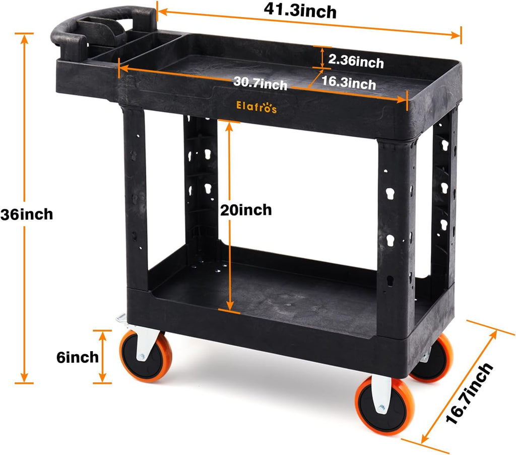 ELAFROS Heavy Duty Plastic Utility Cart 41.3 x 17 Inch - Ergonomic Handle Work Cart Storage W/Deep Shelves and 2 Fixed 2 Swivel Wheels Safely Holds up to 550 lbs - 2 Tier Service Cart with 6" Wheels