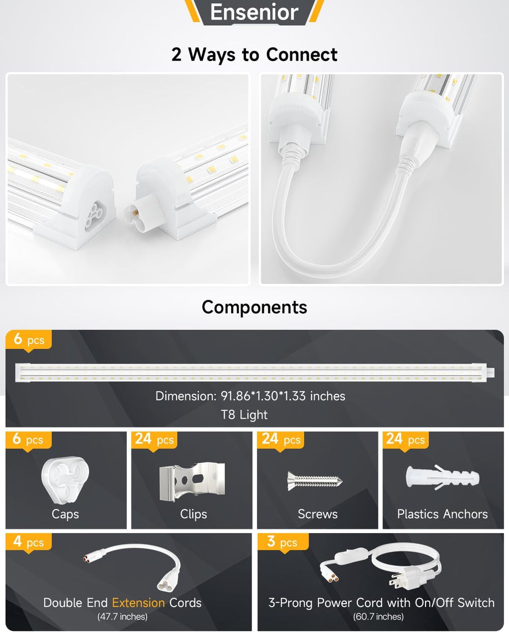 Ensenior 6 Pack 8 FT Led Shop Lights, 5000K Daylight, 10000LM Super Bright, 72W Equivalency 936W, Commercial Bay Lighting, U-Shaped Linkable Shop Lights Plug in for Garage, Workshop, FCC Certified