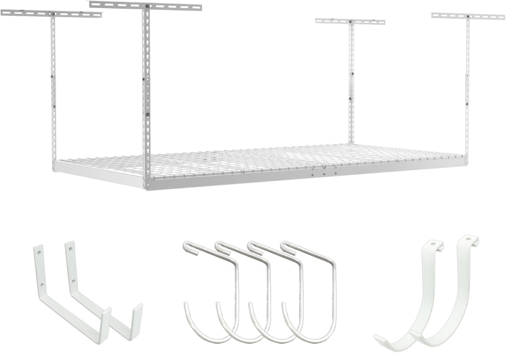 SafeRacks 4 ft x 8 ft Overhead Storage Rack Adjustable 24 in - 45in Height (White) With Accessory Pack With 8-Piece Deluxe Hook Accessory Pack