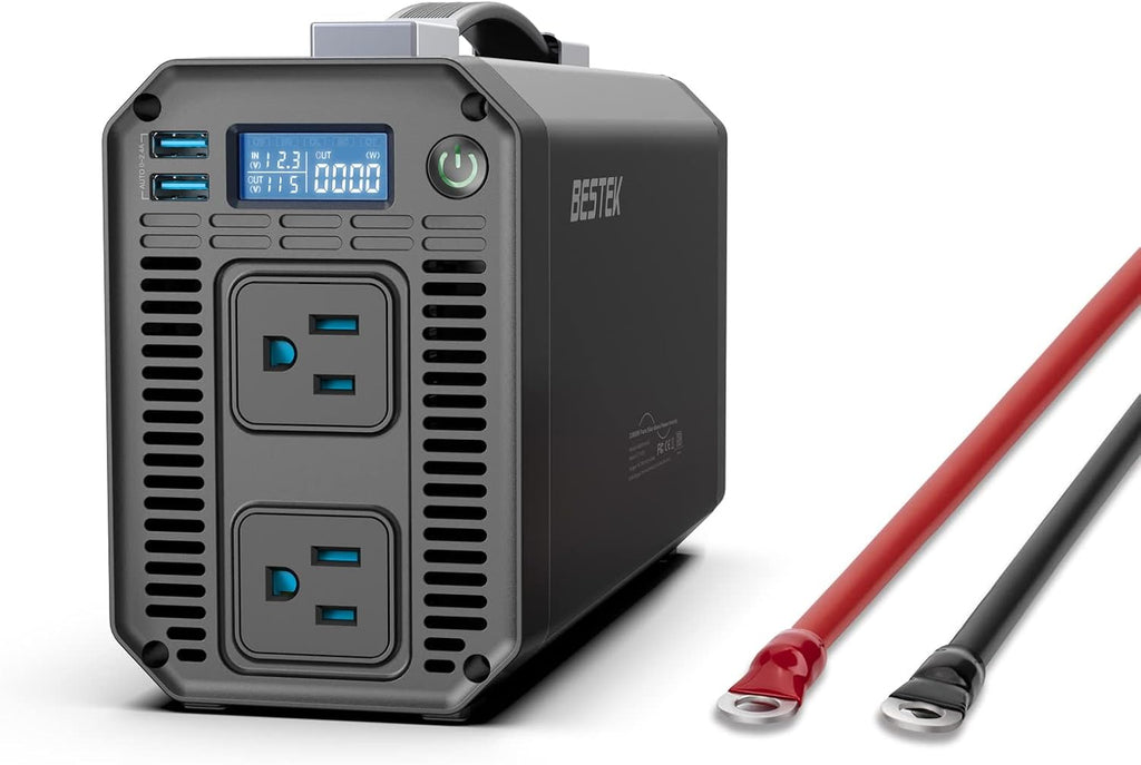 BESTEK Pure Sine Wave Power Inverter - 1000W Car Inverter DC 12V to 110V AC - Car Charger Adapter Outlet with 4.8A Dual USB Charging Ports - Digital LCD Display - Aluminum Housing - Rubber Handle