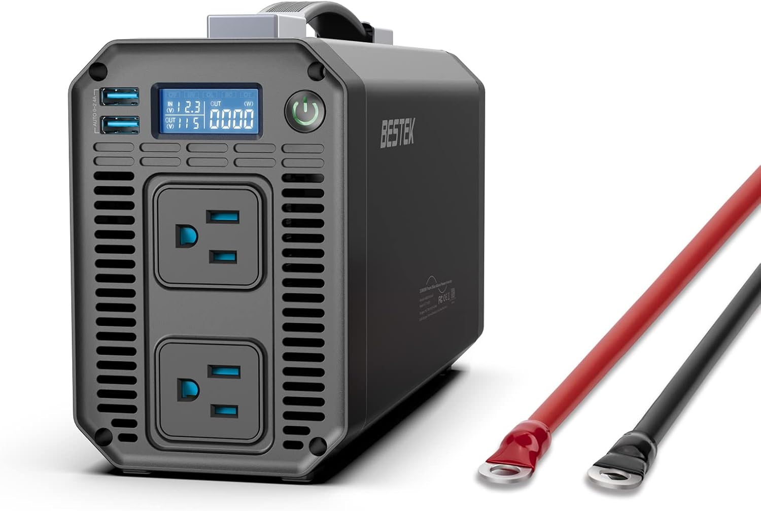 BESTEK Pure Sine Wave Power Inverter - 1000W Car Inverter DC 12V to 110V AC - Car Charger Adapter Outlet with 4.8A Dual USB Charging Ports - Digital LCD Display - Aluminum Housing - Rubber Handle