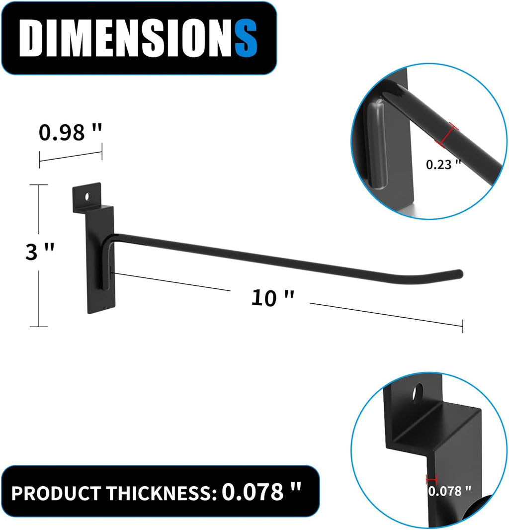 Heavy-Duty Slatwall Hooks (10 inch) - Black Metal Storage Solution - 25 Pack for Garage, Workshop, & Retail Displays