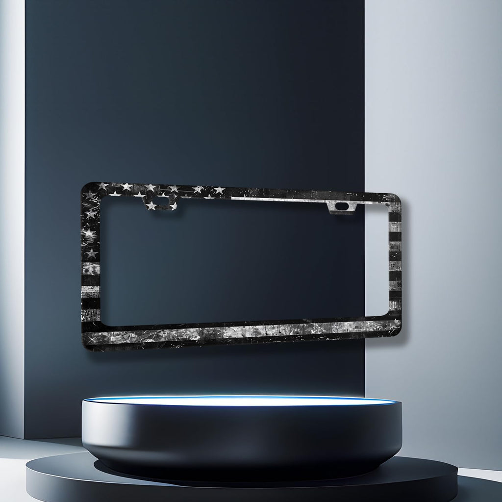 Vintage Black Grey American Flag License Plate Frame Patriotic License Plate Holder Stainless Steel Funny License Plate for USA Canada 6.3" X 12.3" with 2 Holes and Screws