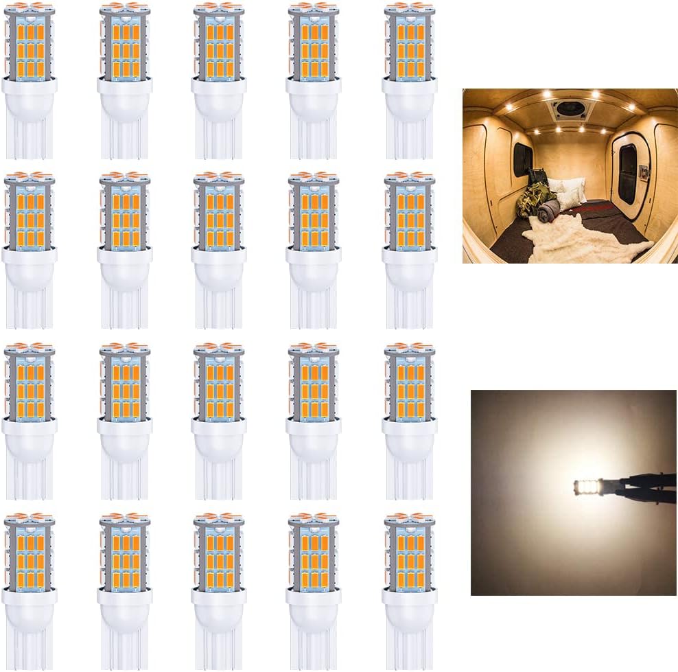 T10 921 194 168 LED Bulbs Warm White 20-Packs, Super Bright 3014 42-SMD LED Replacement 12 Volt RV Camper Trailer Boat Trunk Interior Dome Map License Lights, Backup Reverse Lights