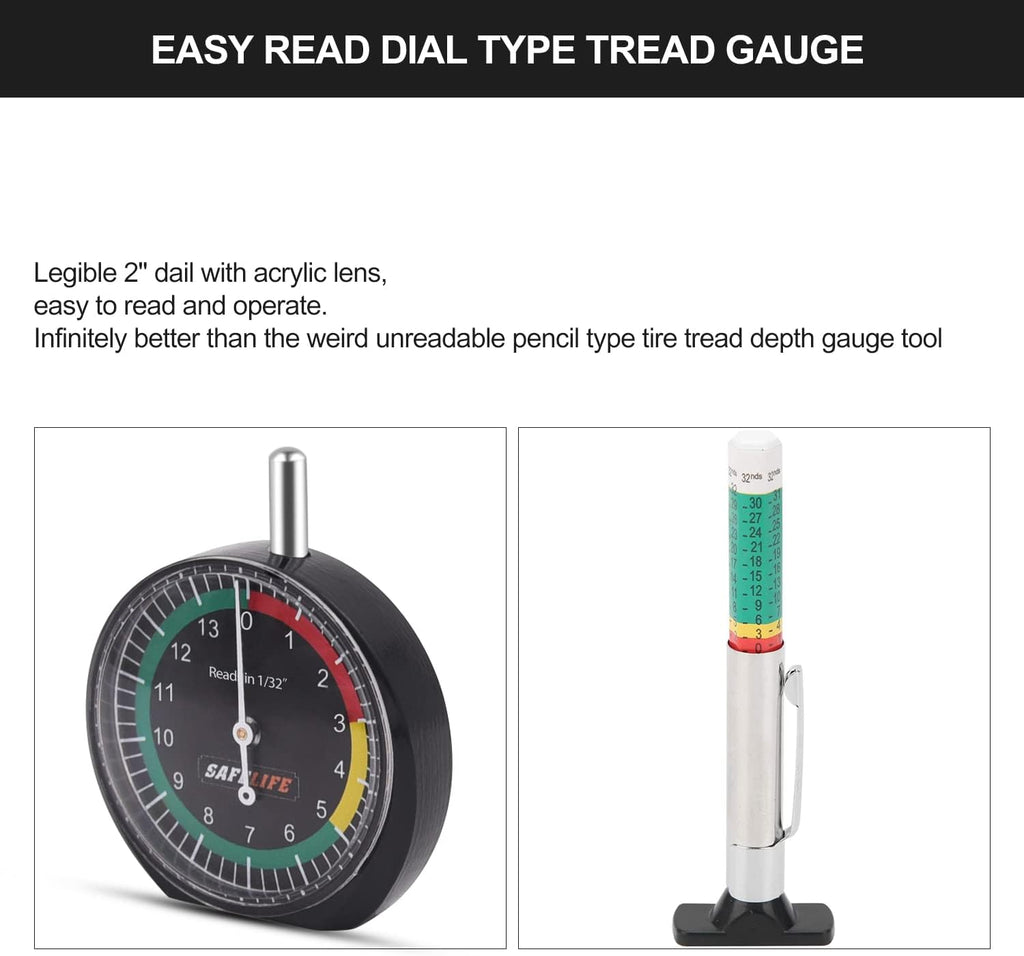 SAFELIFE Tire Tread Depth Gauge, 10 Pack Dial Type Tire Tread Depth Gauge Professional for Motorcycle, Car,Truck and Bus,Easy Reading Tyre Tread Depth Gauge in 32nds