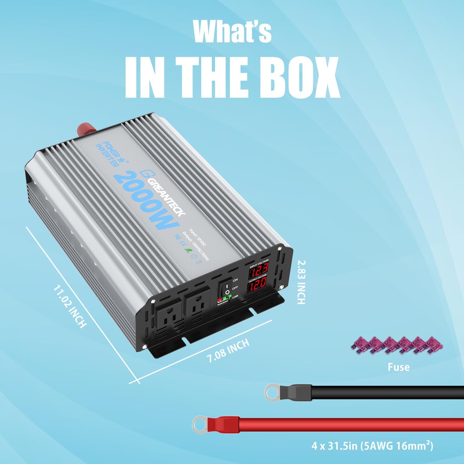 2000 Watt Power Inverter Modified Sine Wave, DC 12V to AC 110V 120V Converter with Dual Sockets, USB Port, LED Display for RV Truck Boat Solar Car Emergency Off Grid