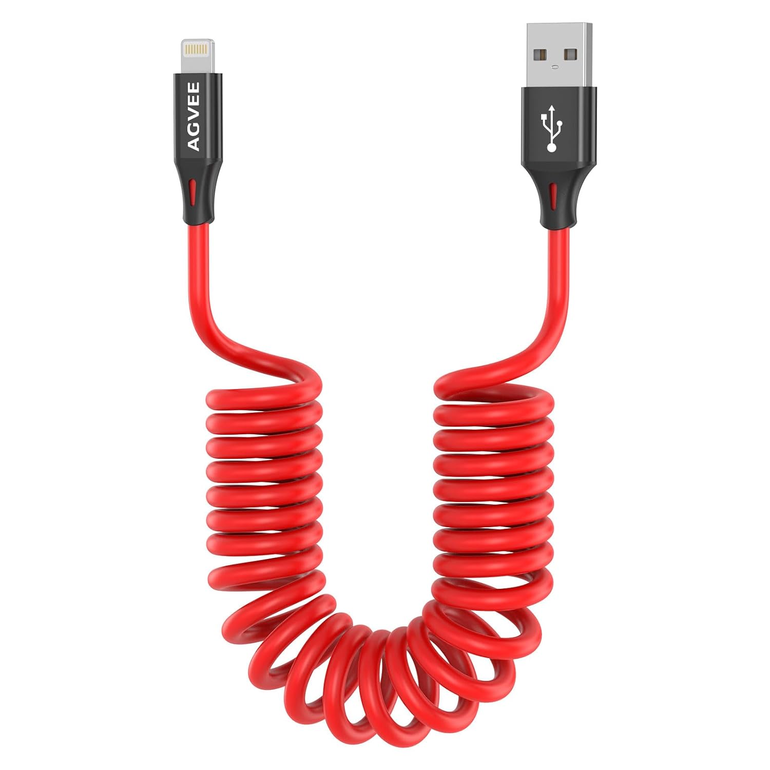AGVEE 3ft Coiled Short USB to Lightning Charging Cable [MFI Certified] 3A Fast Charger Cord in Car for iPhone 14/13/12/11/XS/8/7/6/5 CarPlay, iPad, iPod, Red