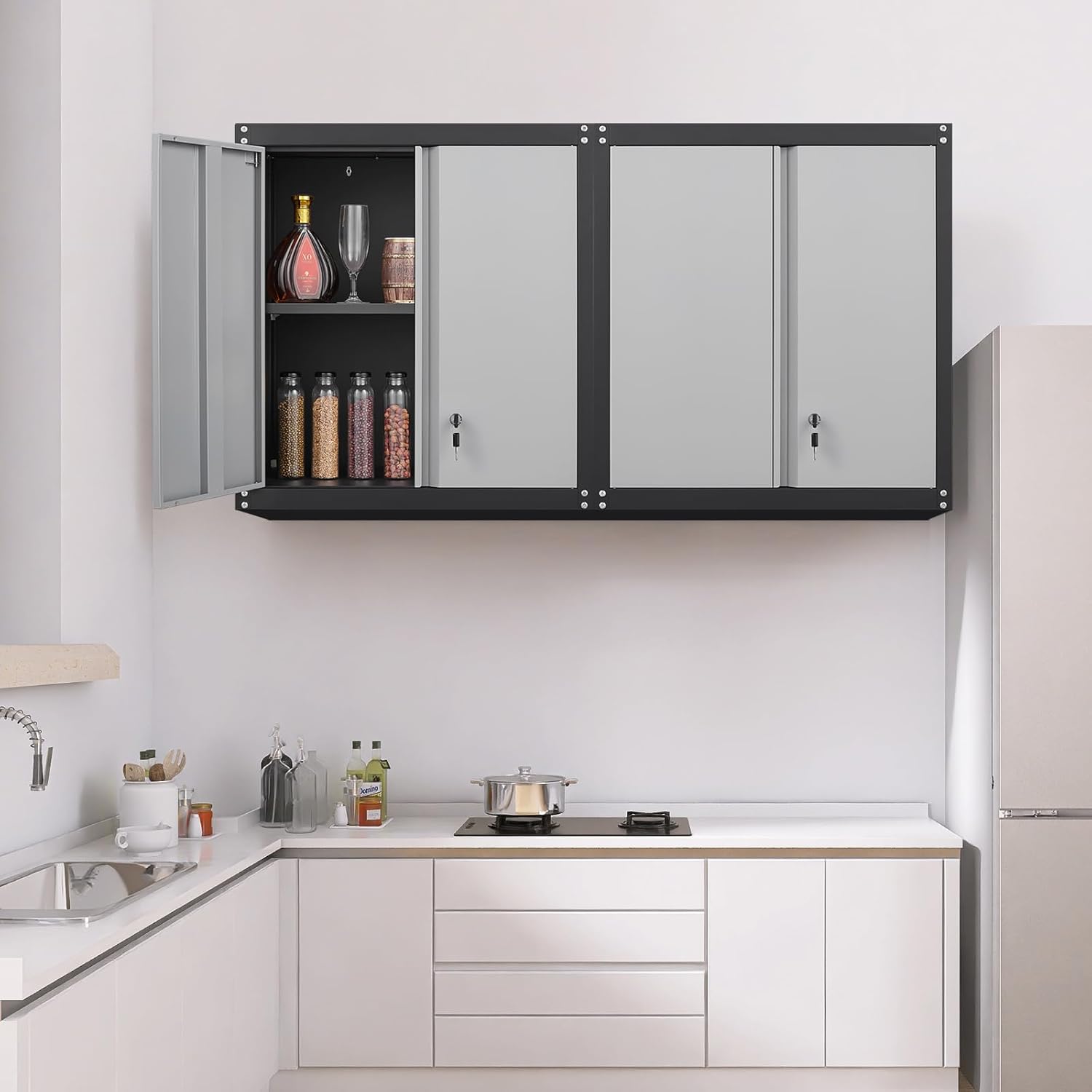 GREATMEET Lockable Storage Cabinet, Metal Garage Storage Cabinets, Metal Wall Cabinet for Garage, Wall Mount Cabinet with Lock and Adjustable Shelf, Floating, Black&Grey