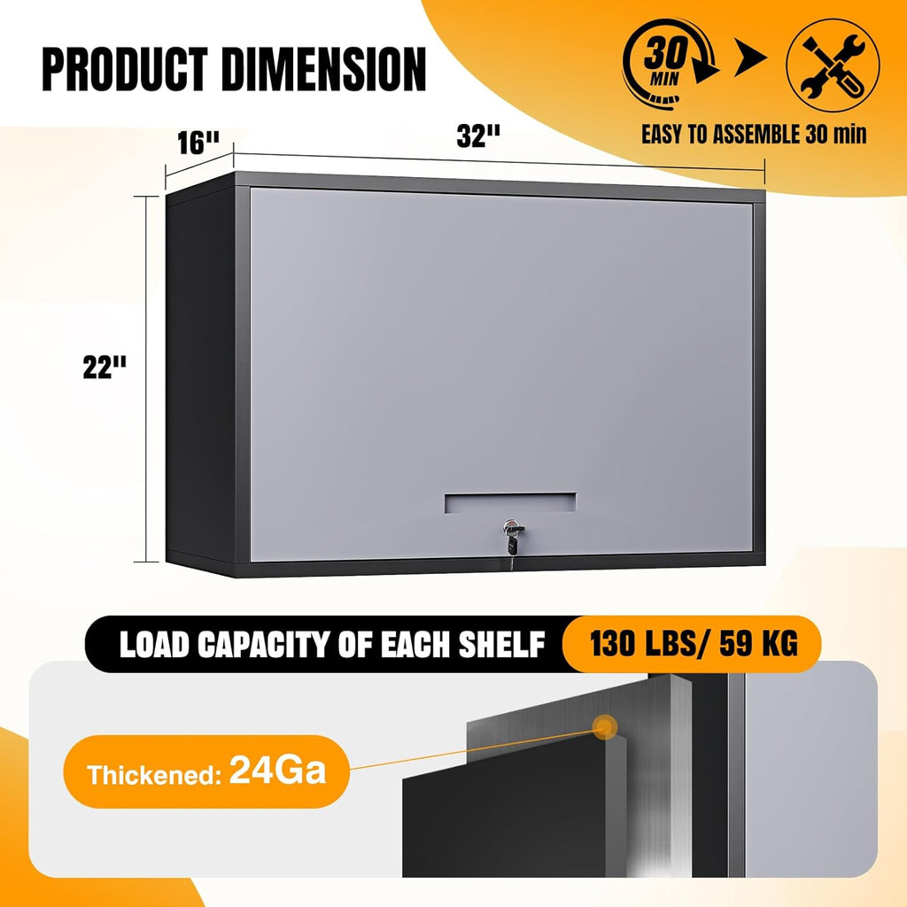 Metal Wall Cabinet for Garage Floating Garage Storage Wall Mount Shop Cabinet Upper Storage Trailer Gearbox Tool Small Wall Steel Adjustable Shelf Assembly Required