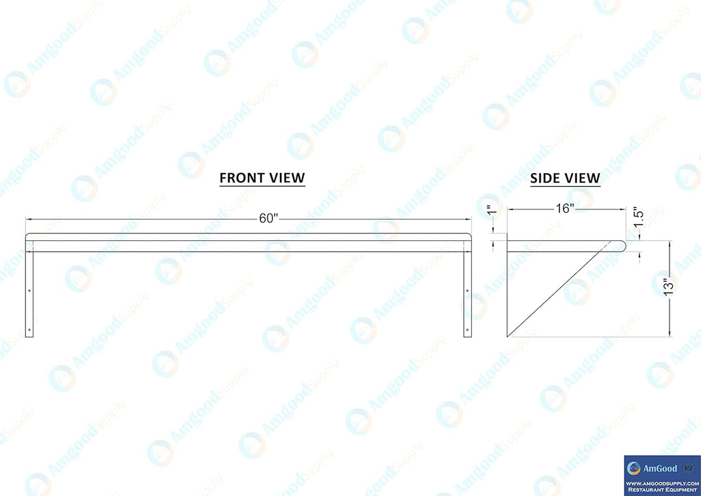 AmGood 16 in. x 60 in. Stainless Steel Wal Mount Shelf. Commercial/Home. Kitchen, Restaurant, Garage, Laundry, Utility Room. NSF