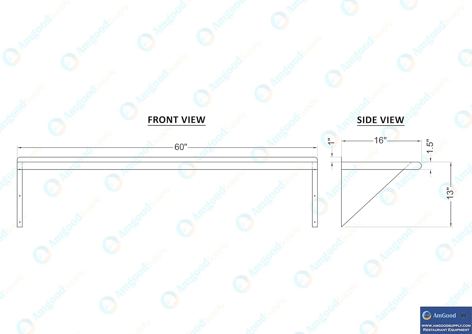 AmGood 16 in. x 60 in. Stainless Steel Wal Mount Shelf. Commercial/Home. Kitchen, Restaurant, Garage, Laundry, Utility Room. NSF