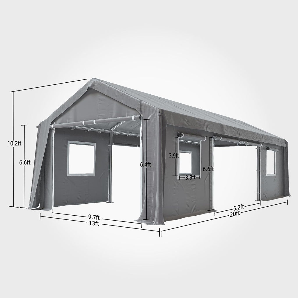 13x20ft Heavy Duty Carport Outdoor Canopy Portable Garage with 4 Doors & 4 Windows Waterproof UV Resistant Storage Shelter with Removable Sidewalls for Car Truck Boat, Gray