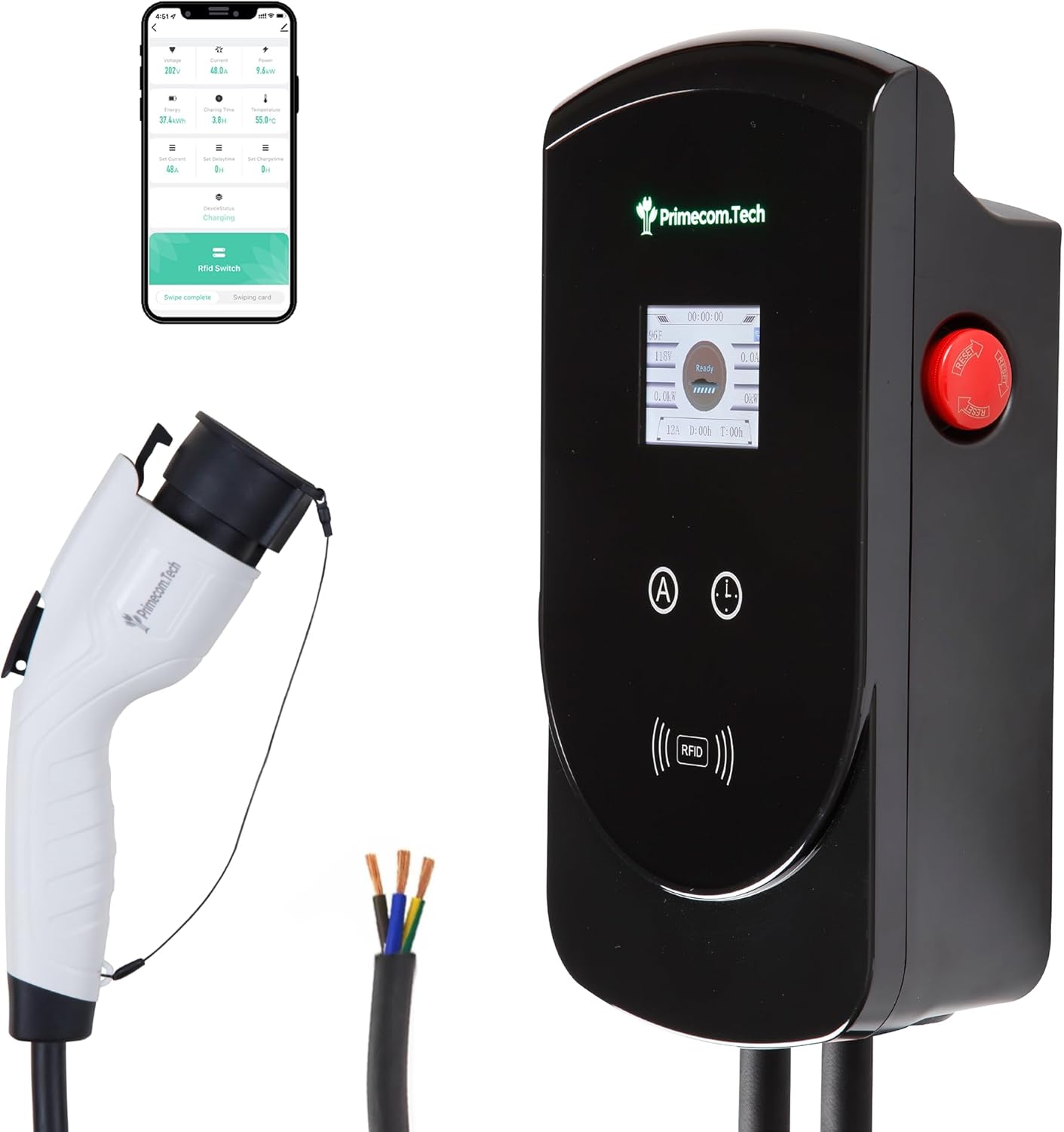 PRIMECOM 80 Amp 22KW 220Volt Level-2 18ft to 50ft Cord Lengths 20X Fast Smart Electric Vehicle EV Charging Station Ford Transit F-150 Lucid Air Polestar TeslaXS Taycan (50 Feet)