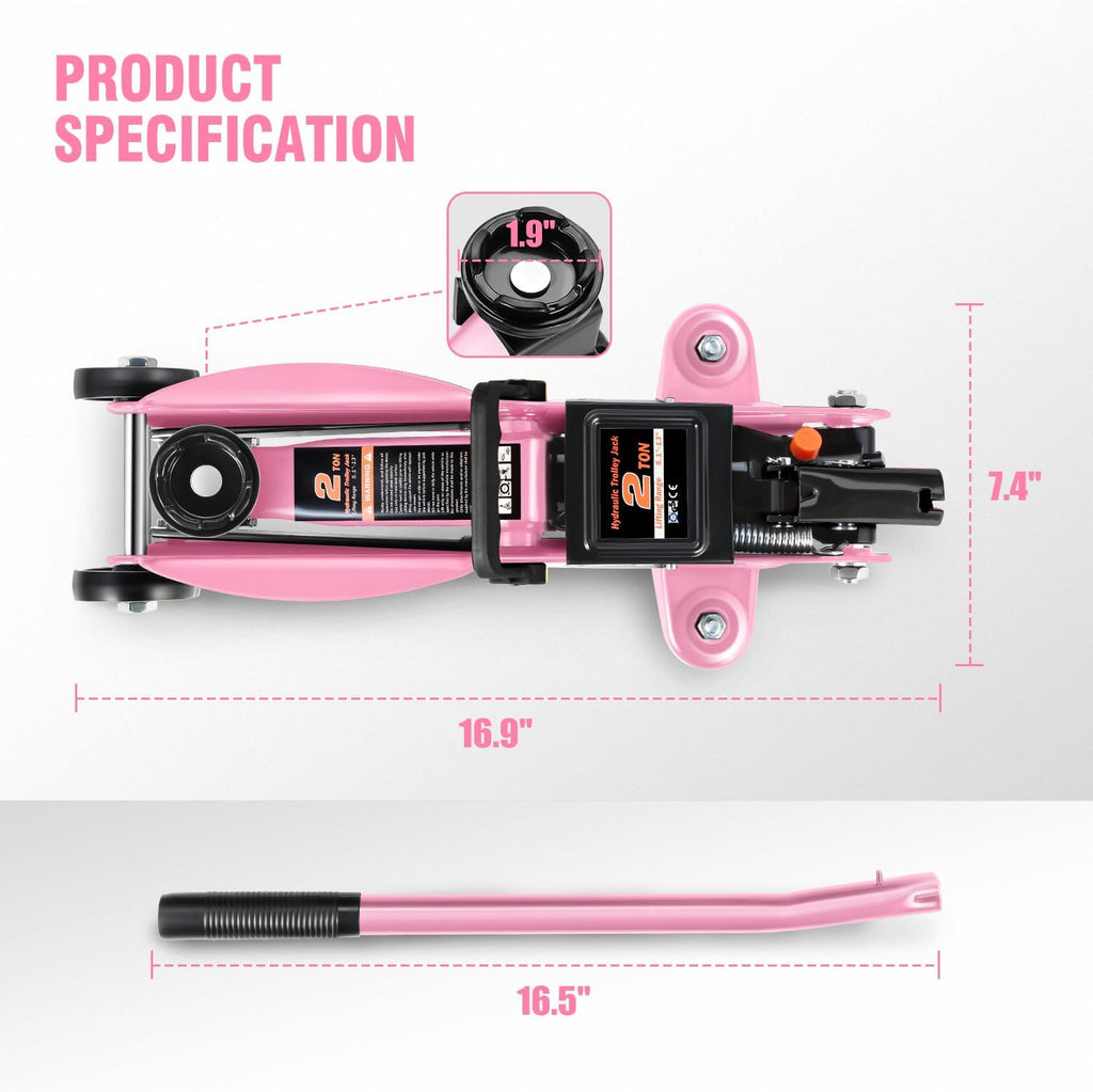 DNA MOTORING Low Profile Hydraulic Trolley Service/Floor Jack, 2 Ton (4000 lbs) Capacity, Lifting Range 5.1"-13", Pink, TOOLS-00474-PK