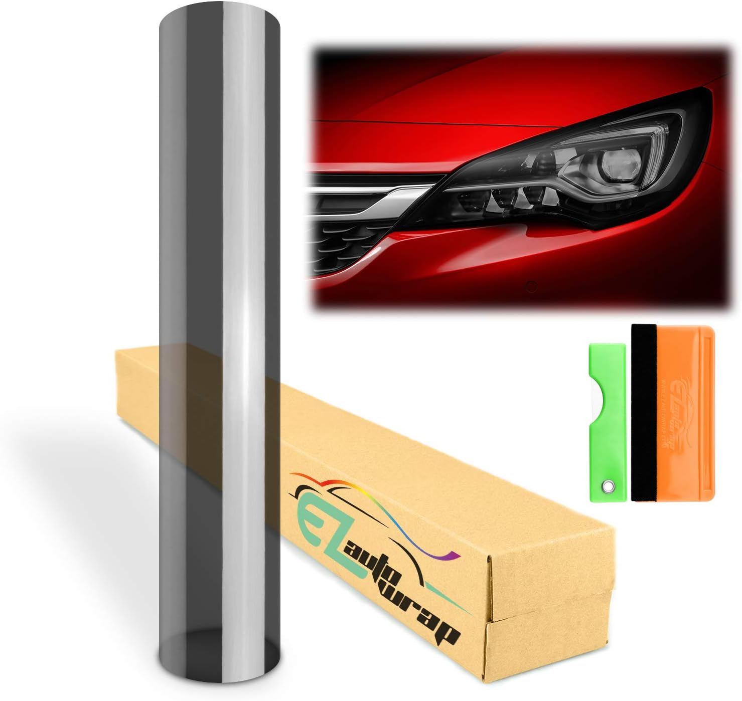 EZAUTO WRAP Free Tool Kit 12"x120" (1FT x 10FT) Glossy Medium Black Smoke Headlight Taillight Fog Light Side Marker Vinyl Tint Film Self Adhesive