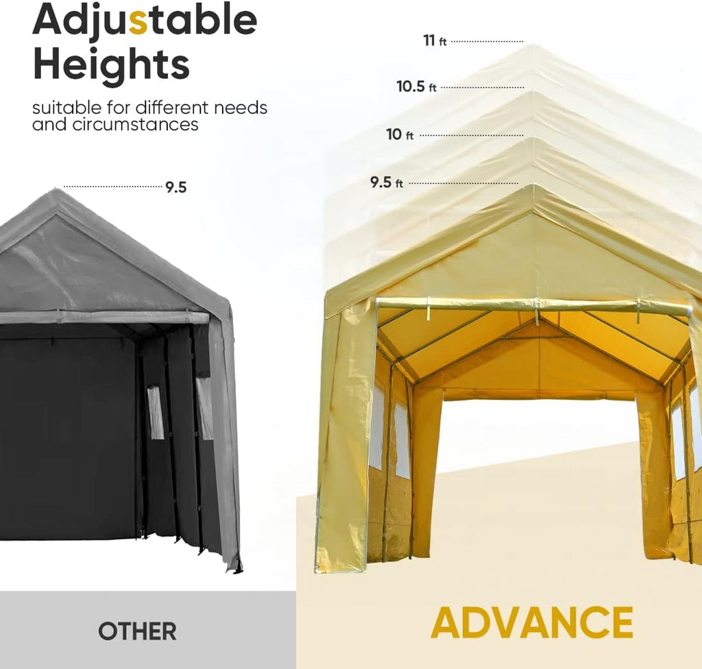 ADVANCE OUTDOOR 12x20 ft Car Canopy Garage Heavy Duty Carport Boat Shelter Party Tent, Adjustable Peak Height from 9.5ft to 11ft, with Removable Window Sidewalls and Doors, Beige