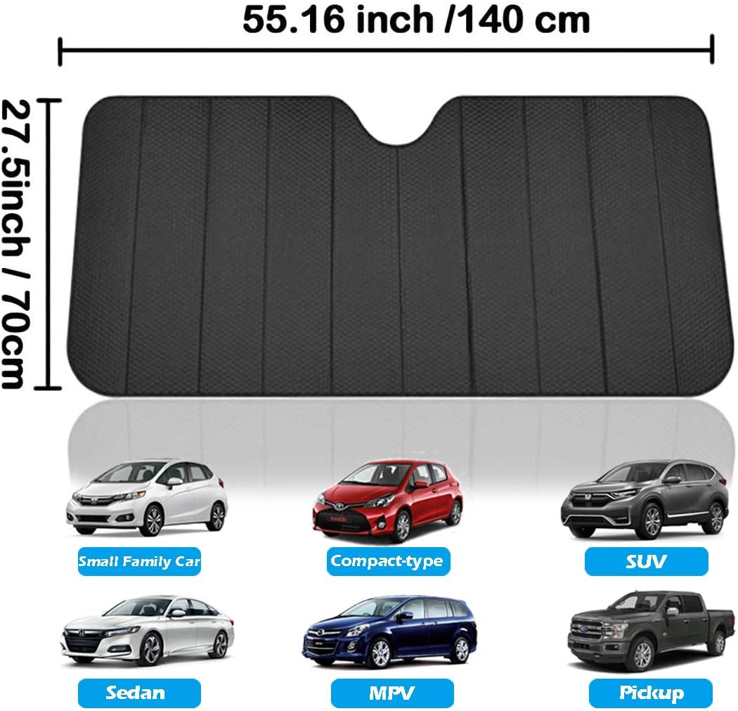 Big Hippo Front Car Sun Shade Windshield, Jumbo/Standard Sunshade Keeps Vehicle Cool UV Ray Sun Visor Protector Sunshades - Easy to Use Folding Sun Shade - Silver/Black Sides(Size: 55.16 X 27.5inch)