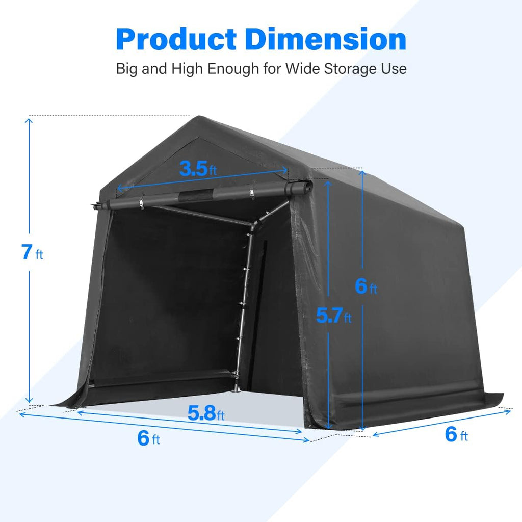 ADVANCE OUTDOOR 6x6 ft Storage Shelter Outdoor Portable Shed with 2 Roll up Zipper Doors & Vents Carport for Motorcycle Waterproof and UV Resistant Portable Garage Kit Tent, Gray