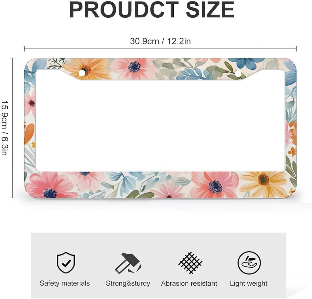 Flowers Floral License Plate Frames - 2 Pcs Set 2 Holes Metal Aluminum Auto Car Accessories Decoration License Plate Frame 12.2 x 6.3 inch for Women Men Gift
