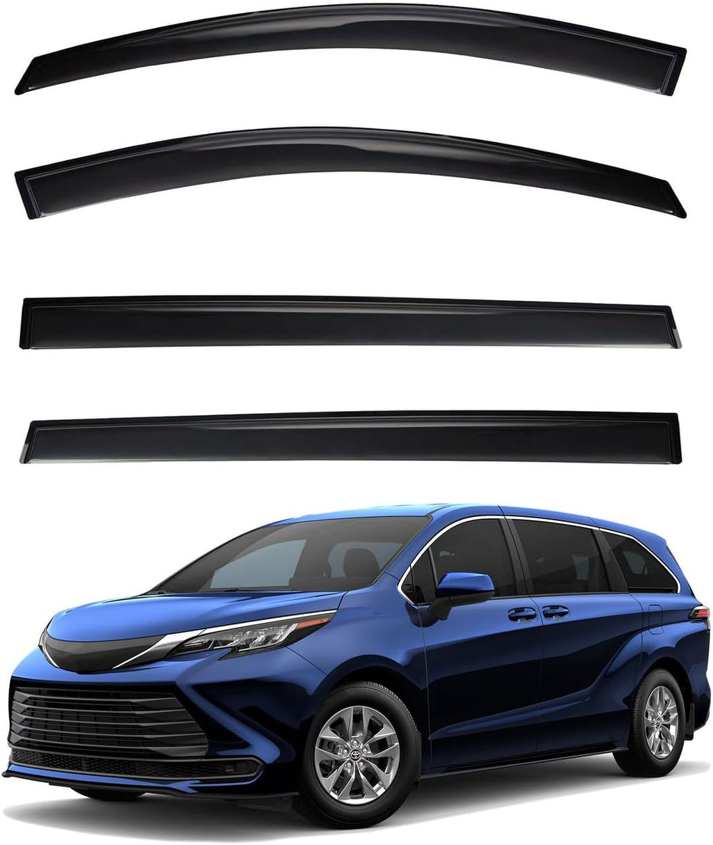 4pcs Front+Rear Smoke Tint Sun/Rain Guard Outside Mount Tape-On Vent Window Visors Compatible with 2021-2024 Toyota Sienna