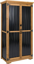 Outdoor Storage Cabinet Wood & Metal with Waterproof Roof, Garden Tool Shed with 3 Removable Shelves, 4 adjustable reinforced feet with metal brackets, 6 T-Hinge, magnetic door,15.6"D x 32.3"W x 66"H