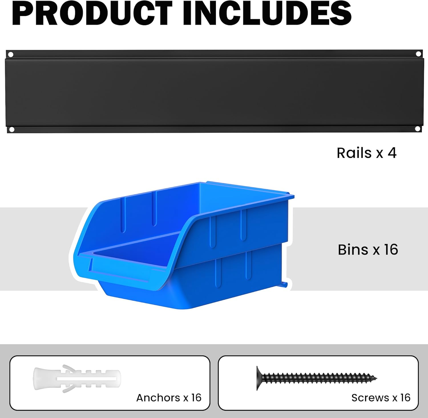 Ultrawall Wall Mounted Storage Bins, Plastic Hanging Storage Organizer Bins, Garage Tool Storage System for Screws, Nuts, Bolts, Nails, and Small Hardware Parts, 16x bins & 4 x rails, Blue
