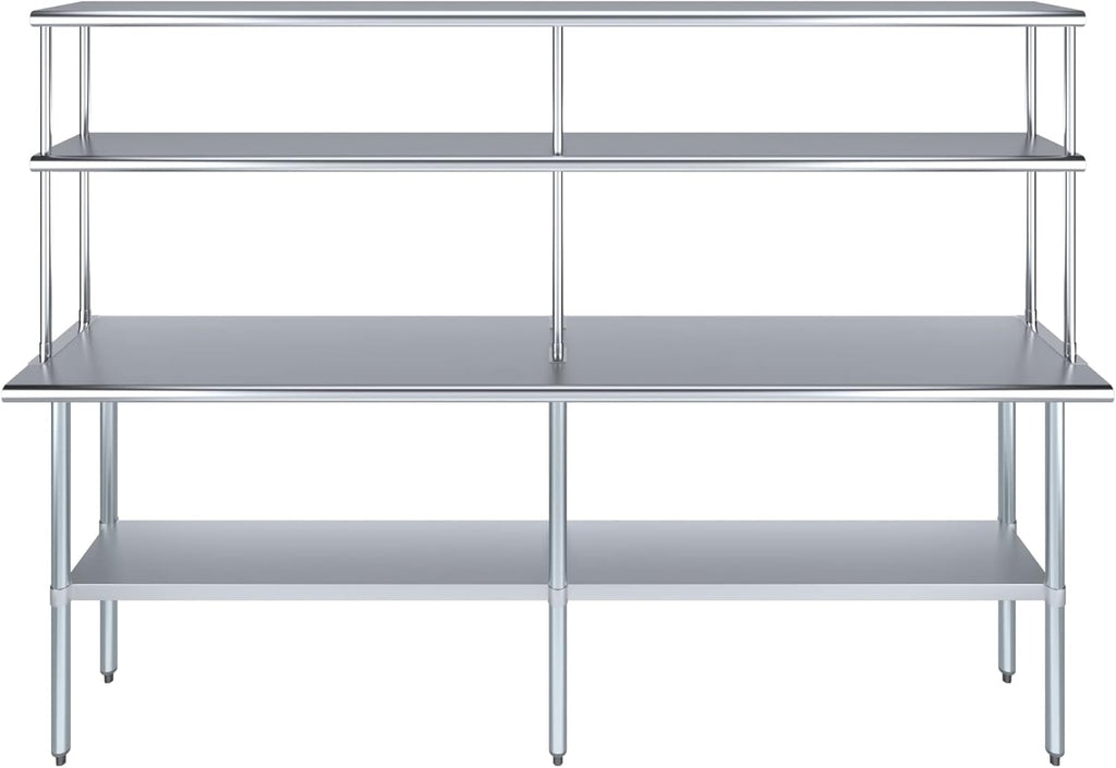 Amgood Stainless Steel Work Table Double Tier Overshelf | Metal Kitchen Prep Table & Shelving Combo (18" x 96" Work Table + 12" Overshelf)